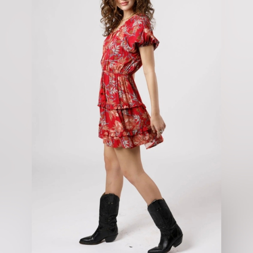 Band of Gypsies Connie Floral Bohemian Mini Ruffle Dress, LARGE Burgundy NEW!💞